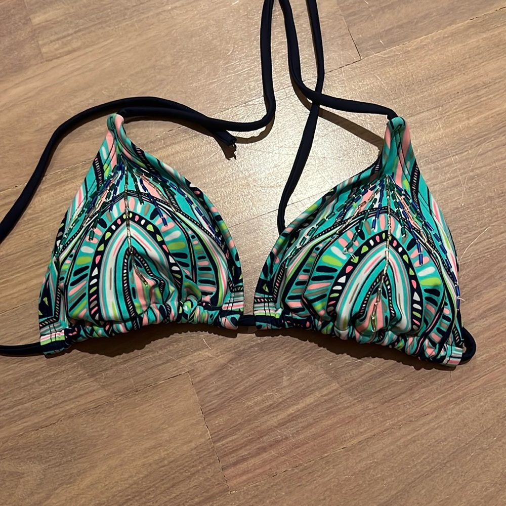 Neon, beaded bikini top, medium.